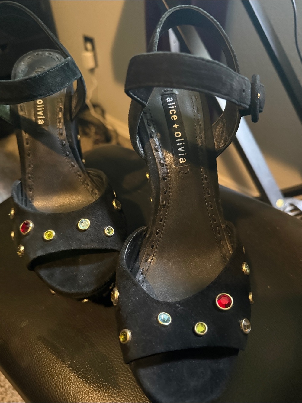 Alice + Olivia Black Gem-Embellished Suede Ankle-Strap Heels